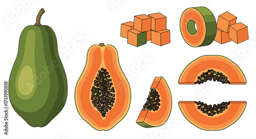 Whole and sliced papaya fruit with seeds.