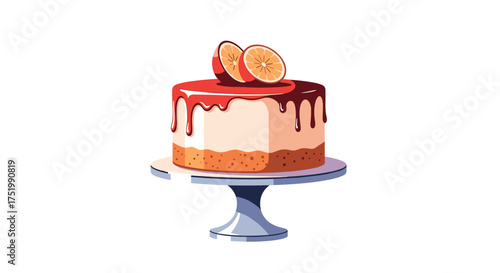 Delicious passion fruit cheesecake with a rich chocolate drizzle on a white cake stand.