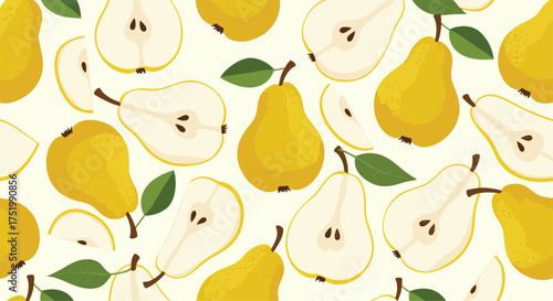 Yellow pear slices and whole fruits seamless pattern.