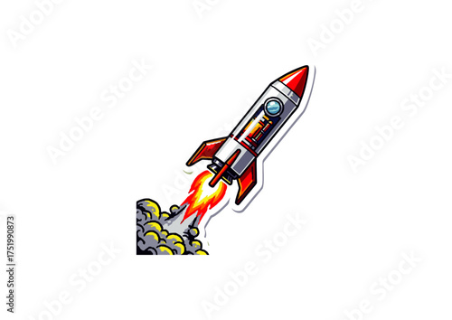 Illustration of a rocket ship launching into space, emitting smoke and flames from its engine, symbolizing progress and exploration