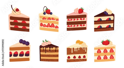A collection of delicious cake slices decorated with fruits and cream.