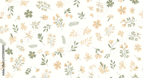 A delicate and seamless pattern of small scattered flowers and leaves.