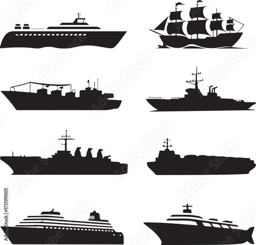 Set of ship silhouettes representing different types of maritime vessels