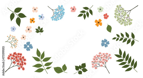 A whimsical collection of floral and leafy elements creating a delightful border.
