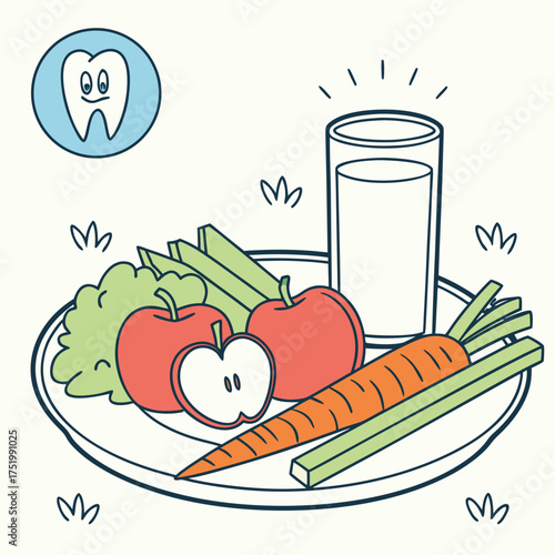 Healthy food for teeth. Cartoon plate with vegetables, apples and milk for strong enamel