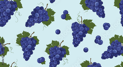 Seamless pattern of ripe purple grapes and green leaves on a light blue background.