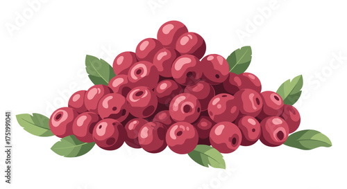A pile of fresh cranberries with green leaves surrounding them.