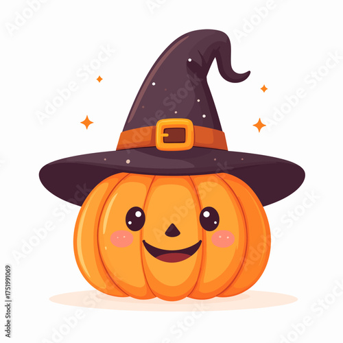 A cute cartoon pumpkin wearing a black witch's hat with a gold buckle, smiling cheerfully with sparkling stars around it.