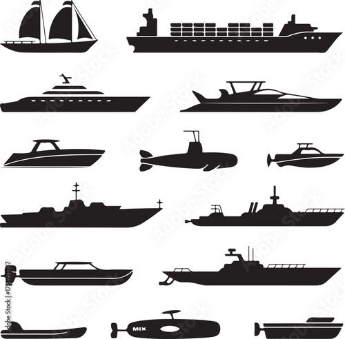 Silhouette collection of various types of boats and ships in vector format