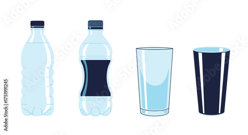 Two clear plastic bottles with blue liquid and two tumblers on a white background.