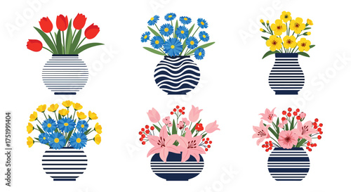 A collection of six floral arrangements in decorative vases.