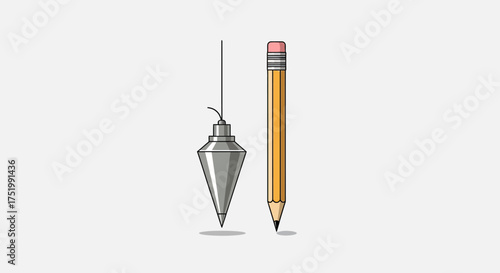 Precision tools: a shiny silver conical plumb bob hanging beside a classic yellow wooden pencil with pink eraser.