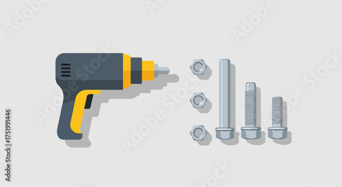 Flat Vector Illustration of a Drill with Bolts and Nuts on a Light Background