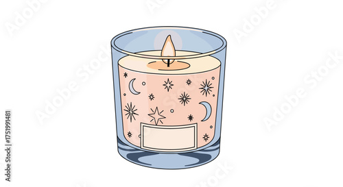 A celestial patterned candle glowing softly in a glass container.