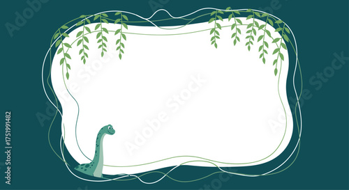 A charming prehistoric scene with a cute dinosaur and flowing greenery.