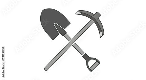 Crossed Gray Shovel and Pickaxe Illustration with Black Outlines
