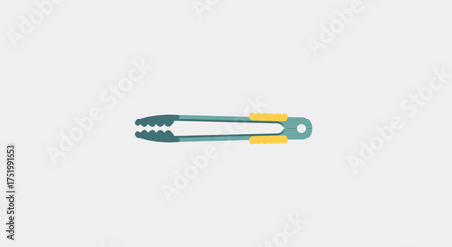 Teal kitchen tongs with yellow silicone grips and scalloped ends, flat vector illustration.