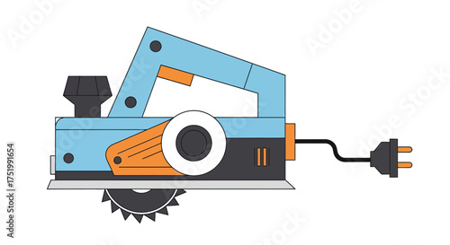 Flat Design Electric Hand Planer Illustration with Saw Blade, Blue and Orange Colors, Power Tool