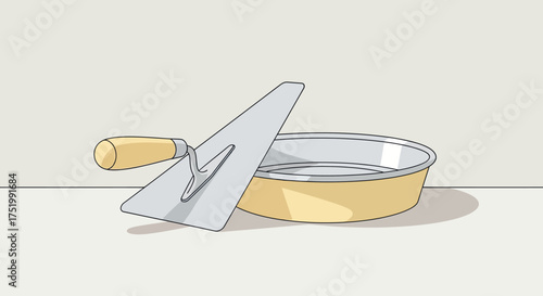 Cartoon style pointed masonry trowel with light wooden handle leaning on a yellow mixing pan