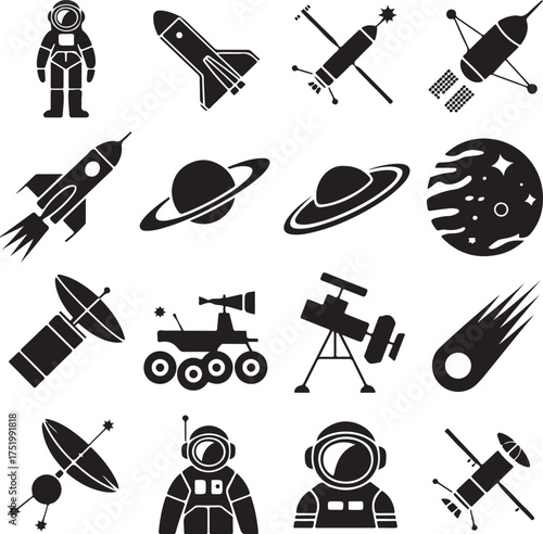 Space Exploration Icons Set in Black and White Silhouette Style