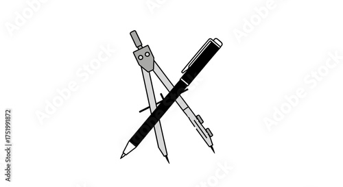 Crossed drafting compass and mechanical pencil in a simple black and gray line art style.
