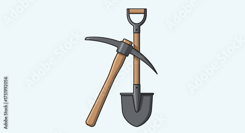 Crossed Pickaxe and Shovel Vector Illustration with Wooden Handles and Dark Metal Heads, Mining Tools