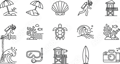 Beach and ocean icons, marine life, scuba diving, coral reef, surfboard, lifeguard tower, vector line art, minimal style, black and white