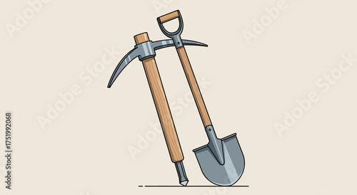 A cartoon pickaxe stuck in the ground with a shovel leaning against it, both with wooden handles.