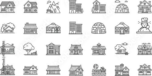 Building icons, architectural styles, global dwellings, vector line art, house, apartment, igloo, yurt, commercial structure, minimal design, black and white