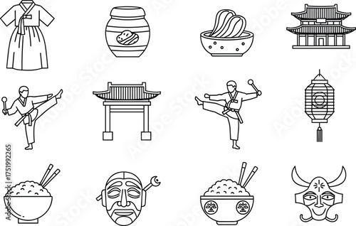 Korean culture icons, traditional food, hanbok, palace, martial arts, mask, lantern, rice bowl, vector line art, minimal style, black and white