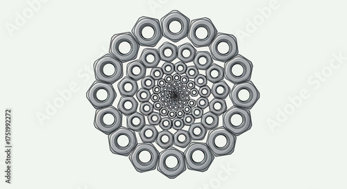 Hexagonal Nuts Arranged in a Concentric Spiral Pattern