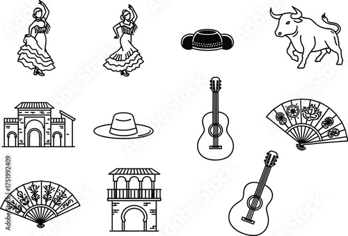 Spanish culture icons, flamenco dancer, bull, guitar, fan, traditional hat, architecture, vector line art, minimal style, black and white