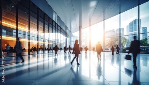 A large, modern building interior with high windows and people walking, creating a sense of activity and business in a sunny location