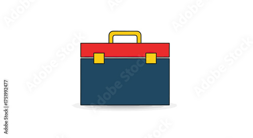 A colorful cartoon toolbox illustration with a red lid, blue base, and yellow handle and latches.