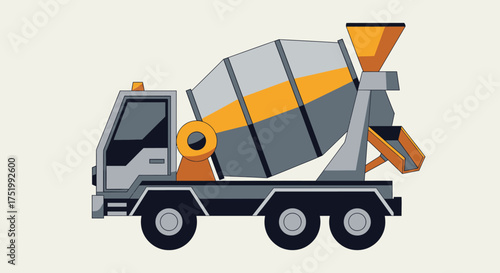 Stylized Illustration of a Concrete Mixer Truck with Orange and Gray Tones
