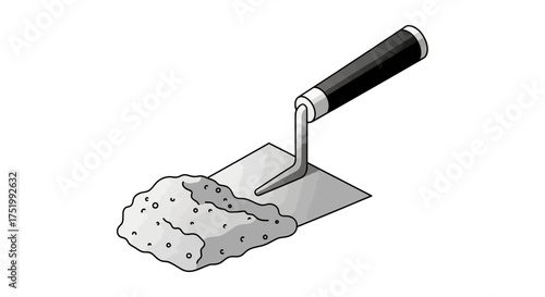 Isometric illustration of a gray metal trowel with a black handle and a pile of light gray textured mortar.