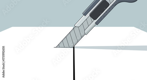 Vector Illustration of a Utility Knife Cutting Through Paper