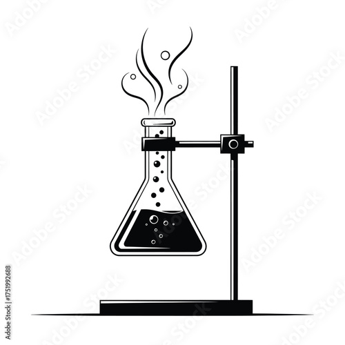 Chemistry flask with bubbling liquid and steam on stand Keywords: chemistry, flask, beaker