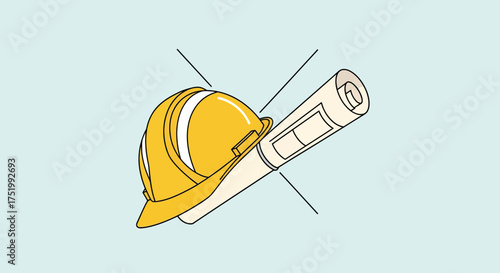 Yellow Hard Hat and Rolled Blueprint for Construction Planning