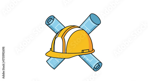 Yellow construction safety helmet with a white stripe over two crossed blue rolled blueprints.