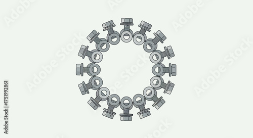 Circular arrangement of grey metal bolts with washers, flat illustration style