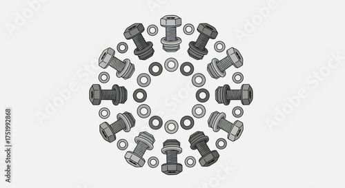 Circular Arrangement of Gray Bolts and Washers Illustration