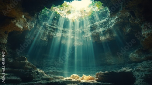 Sunlight beams through cave opening, forest canopy visible, nature's wonder, impressive view