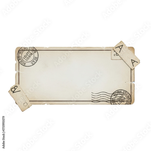 Vintage postcard with aged paper, postal stamps, and torn edges evokes timeless communication and travel memories.