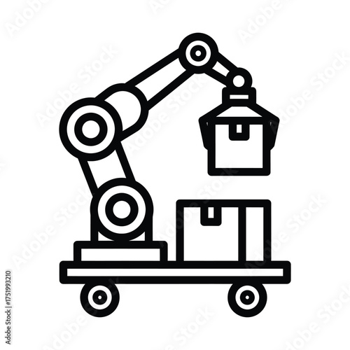 Robotic arm on a wheeled platform lifting a box Keywords: robot, robotic arm, automation