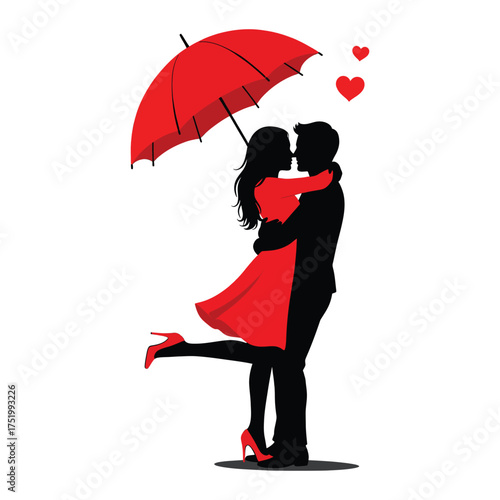 Romantic Couple Silhouettes Embracing Under a Red Umbrella with Hearts love romance