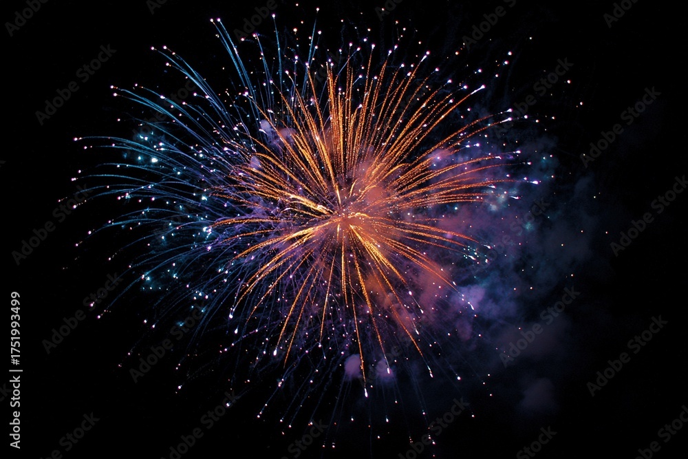 Fototapeta premium Single Ornate Firework with Blue Orange Purple Hues