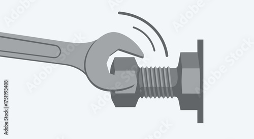 Gray open-end wrench tightening a threaded hexagonal bolt, illustrating mechanical fastening action.