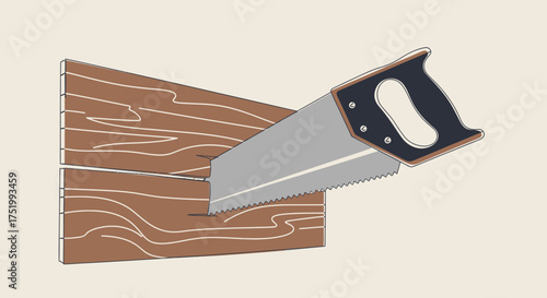 Hand Saw Cutting Through Wooden Planks with Detailed Grain