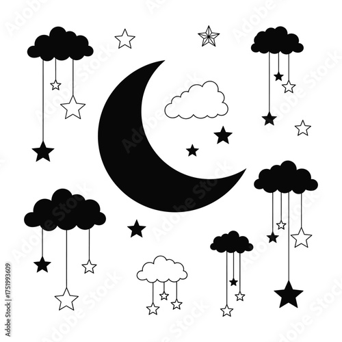 Black and White Night Sky with Moon, Clouds, and Hanging Stars crescent